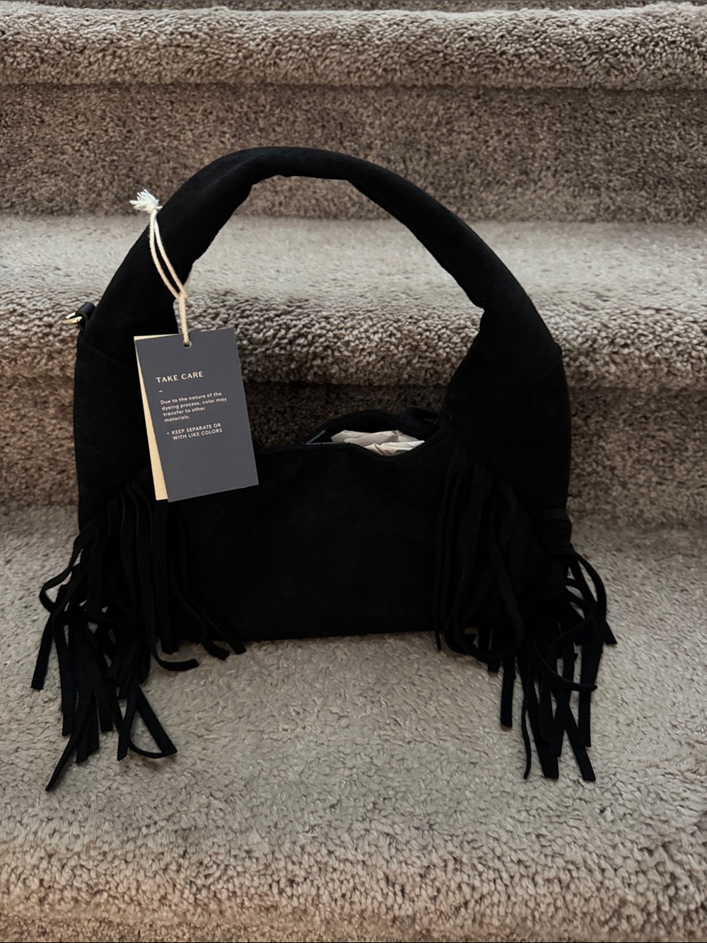 Black Suede Fringe Shoulder Bag with Top Handle